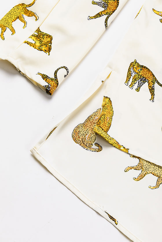 PACK25125349-P1820-1, Apricot Printed Leopard Print Tab Sleeve Loose Fit V Neck Blouse