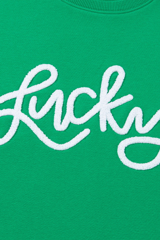 PACK25316132-P9-1, Green LUCKY Aphabet Chenille Embroidered Pullover Sweatshirt