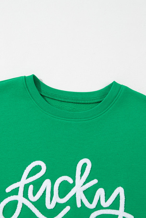 PACK25316132-P9-1, Green LUCKY Aphabet Chenille Embroidered Pullover Sweatshirt