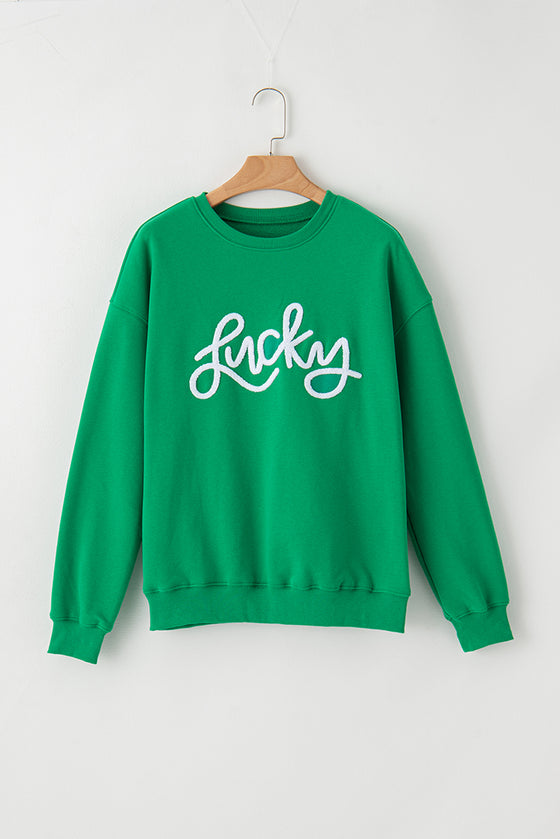 PACK25316132-P9-1, Green LUCKY Aphabet Chenille Embroidered Pullover Sweatshirt