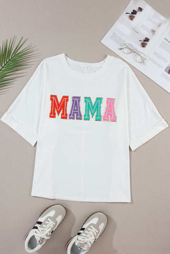 PACK25224764-P1-1, White MAMA Chenille Patched Crew Neck T Shirt