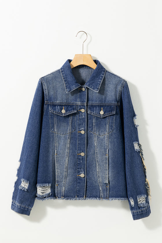 PACK788571-5-1, Blue Letters Patch Distressed Denim Jacket