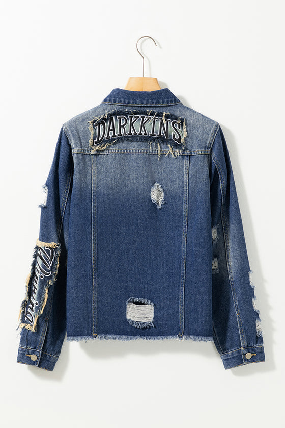 PACK788571-5-1, Blue Letters Patch Distressed Denim Jacket