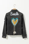 PACK788572-2-1, Black Smile Heart Graphic Patch Distressed Denim Jacket