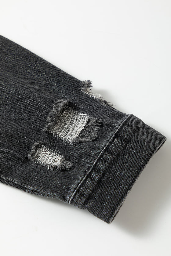 PACK788572-2-1, Black Smile Heart Graphic Patch Distressed Denim Jacket