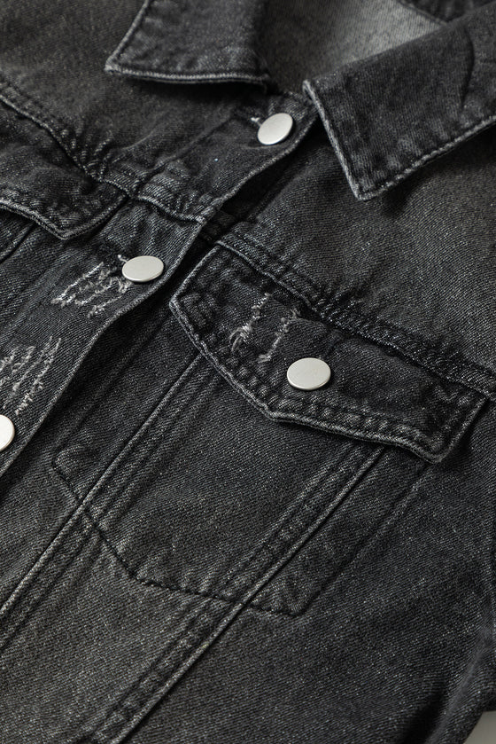 PACK788572-2-1, Black Smile Heart Graphic Patch Distressed Denim Jacket