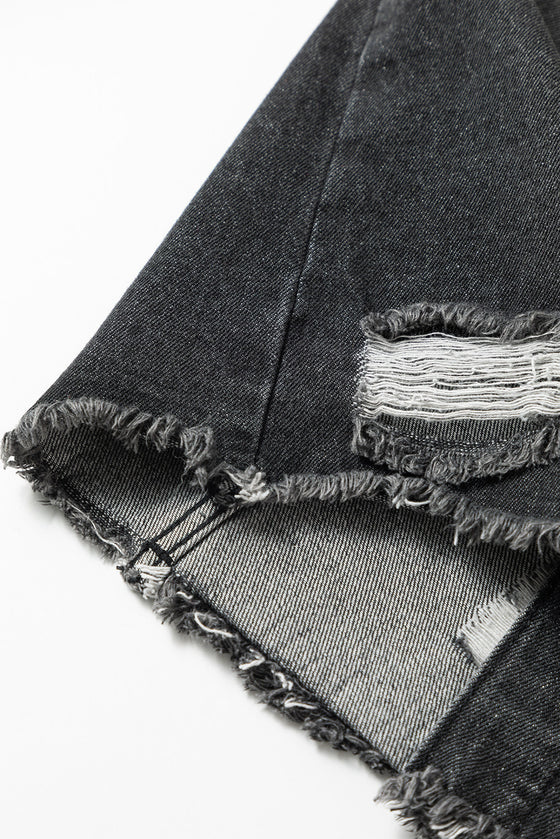 PACK788572-2-1, Black Smile Heart Graphic Patch Distressed Denim Jacket