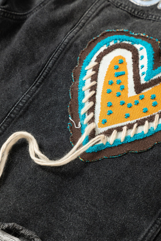 PACK788572-2-1, Black Smile Heart Graphic Patch Distressed Denim Jacket