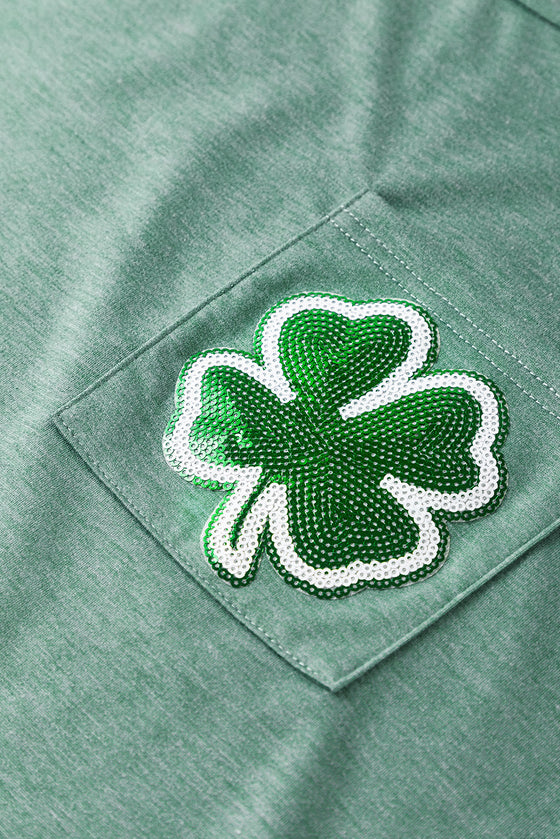 PACK25224973-109-1, Green Sequined Clover Patch Pocket T-shirt
