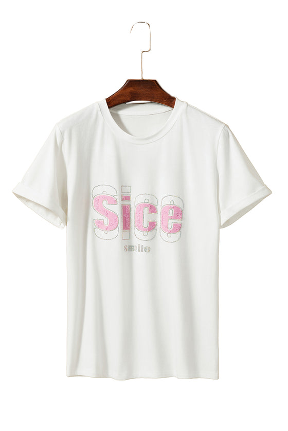 PACK25224977-1-1, White SICE Smile Rhinestone Crew Neck Graphic Tee