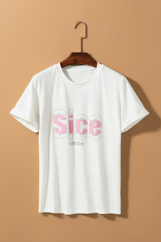 PACK25224977-1-1, White SICE Smile Rhinestone Crew Neck Graphic Tee