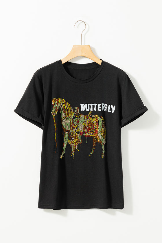 PACK25224980-2-1, Black BUTTERFLY Beaded Horse O Neck Casual T Shirt