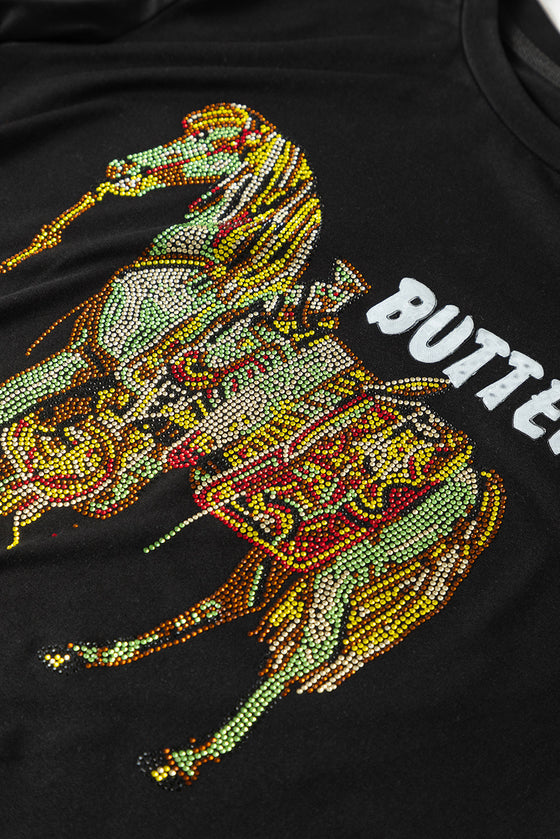 PACK25224980-2-1, Black BUTTERFLY Beaded Horse O Neck Casual T Shirt