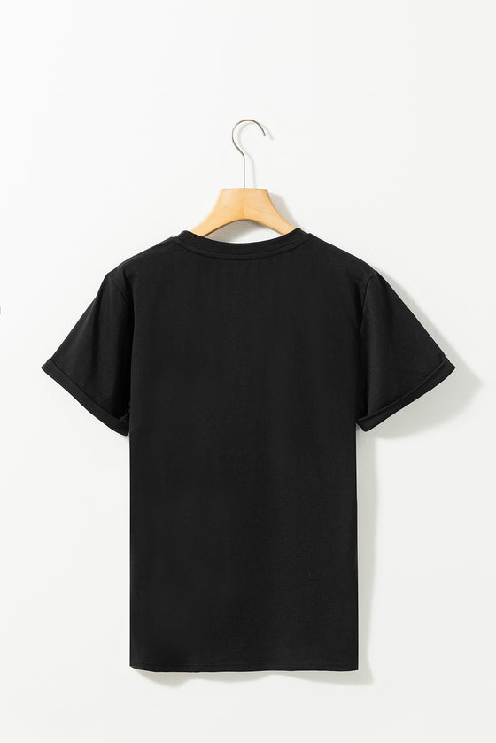 PACK25224981-2-1, Black Letter M Slogan Rhinestone Crewneck Graphic T Shirt