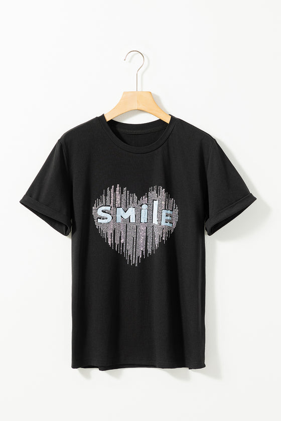 PACK25224982-2-1, Black Rhinestone Embellished SMiLe Heart T Shirt