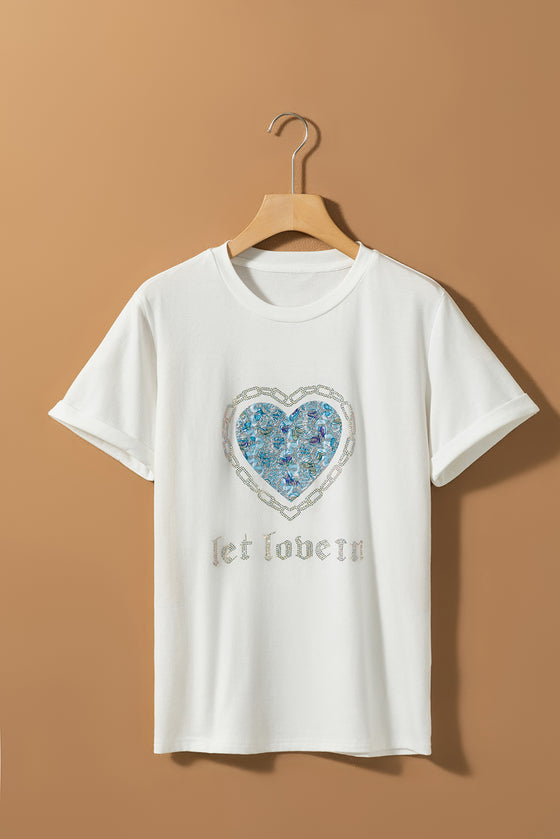 PACK25224979-1-1, White let love in Heart Shaped Rhinestone Crew Neck T Shirt