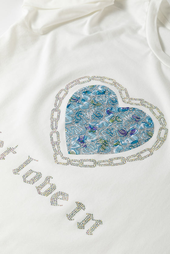 PACK25224979-1-1, White let love in Heart Shaped Rhinestone Crew Neck T Shirt