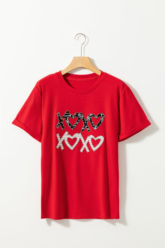 PACK25224983-103-1, Red Rhinestone XOXO Letter Graphic Crew Neck Top