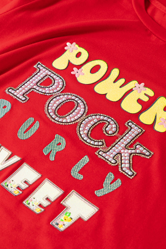 PACK25224984-103-1, Red Rhinestone POWER Pock BURLY SWEET Letters T Shirt