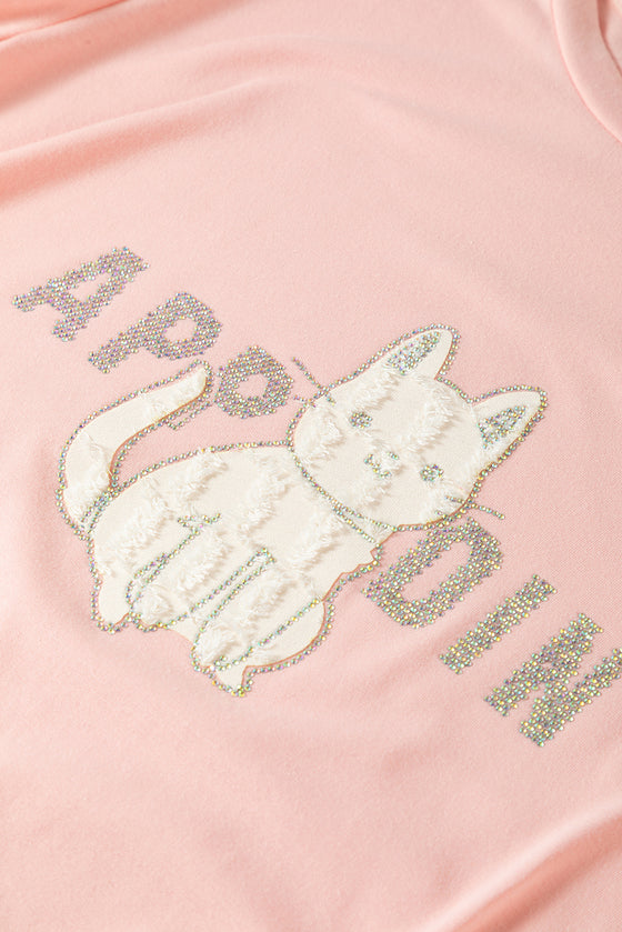 PACK25224986-10-1, Pink Rhinestone Letter Cat Pattern Short Sleeve Top