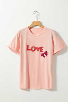  PACK25224987-10-1, Pink Rhinestone LOVE Bowknot Crew Neck Short Sleeve Top