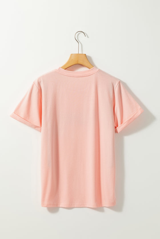 PACK25224987-10-1, Pink Rhinestone LOVE Bowknot Crew Neck Short Sleeve Top