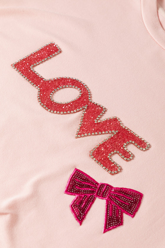 PACK25224987-10-1, Pink Rhinestone LOVE Bowknot Crew Neck Short Sleeve Top