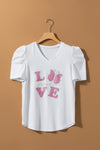 PACK25224989-1-1, White LOVE Shutterstock Graphic Puff Sleeve V Neck Tee