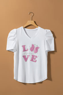  PACK25224989-1-1, White LOVE Shutterstock Graphic Puff Sleeve V Neck Tee