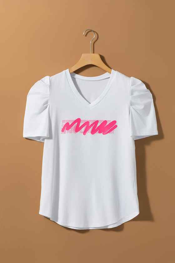 PACK25224990-1-1, White Abstract Graphic V Neck Puff Sleeve T-shirt