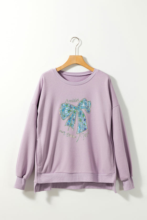 PACK25317254-P708-1, Orchid Petal Beautiful Bowknot Rhinestone Graphic Sweatshirt