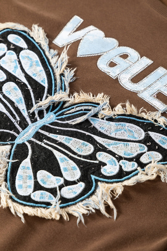 PACK25317259-P5017-1, Dark Brown Raw Hem Butterfly Embroidered VOGUE Letter Sweatshirt