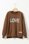 PACK25317260-P5017-1, Dark Brown Rhinestone LOVE Pattern Ribbed Edge Sweatshirt