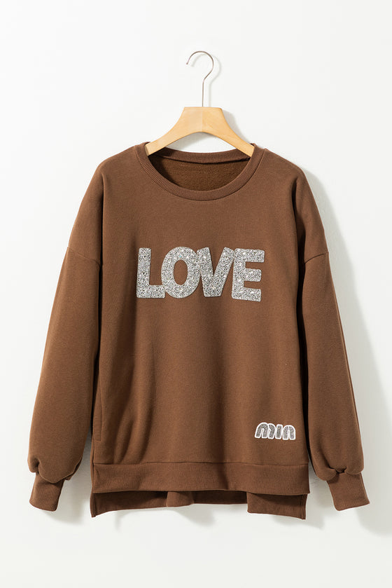 PACK25317260-P5017-1, Dark Brown Rhinestone LOVE Pattern Ribbed Edge Sweatshirt