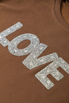 PACK25317260-P5017-1, Dark Brown Rhinestone LOVE Pattern Ribbed Edge Sweatshirt