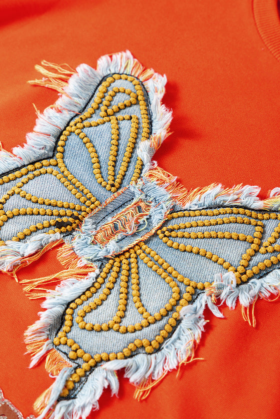 PACK25317264-P14-1, Orange Frayed Patch Graphic High-low Hem Sweatshirt