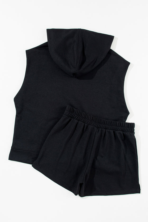 PACK625624-P2-1, Black Solid Color Sleeveless Hoodie and Shorts Set