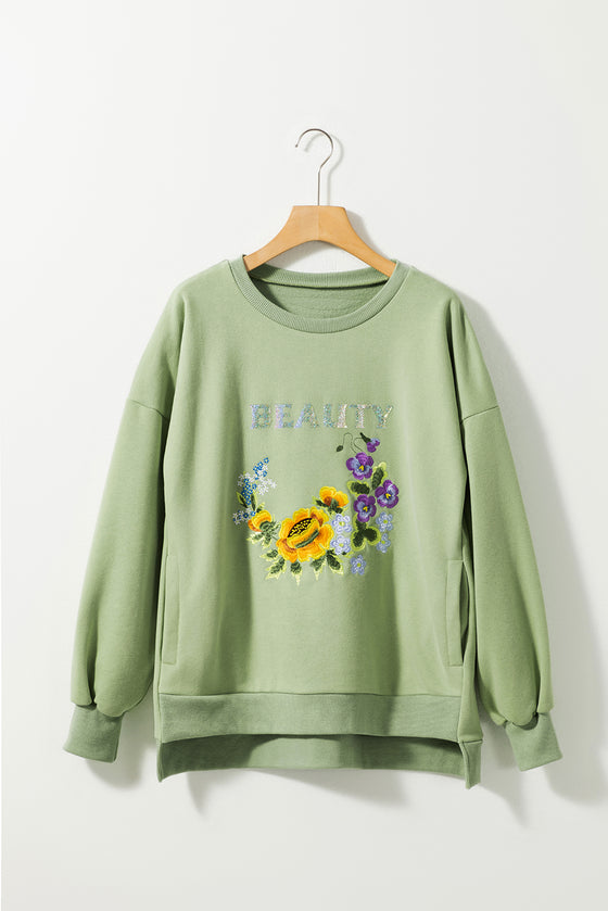 PACK25317266-P1109-1, Grass Green Floral Embroidery Glitter BEAUTY Graphic Sweatshirt