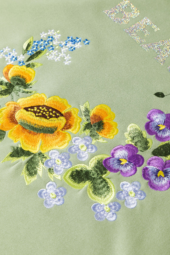 PACK25317266-P1109-1, Grass Green Floral Embroidery Glitter BEAUTY Graphic Sweatshirt