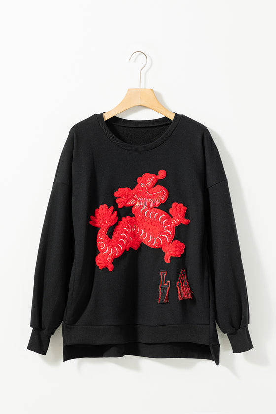 PACK25317268-P2-1, Black Lucky Dragon Graphic Patch Pullover Sweatshirt