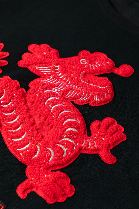 PACK25317268-P2-1, Black Lucky Dragon Graphic Patch Pullover Sweatshirt