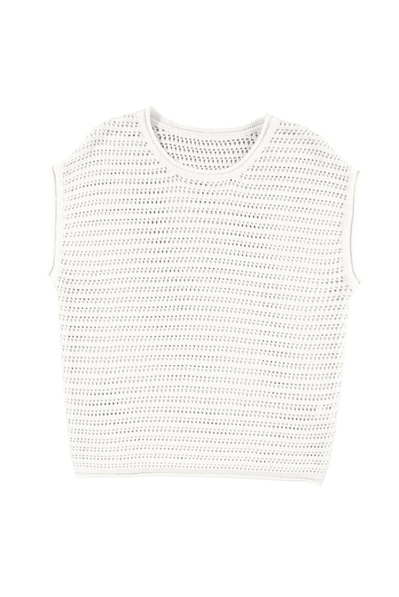PACK277063-P1-1, White Hollow Out Knit Cap Sleeve Sweater