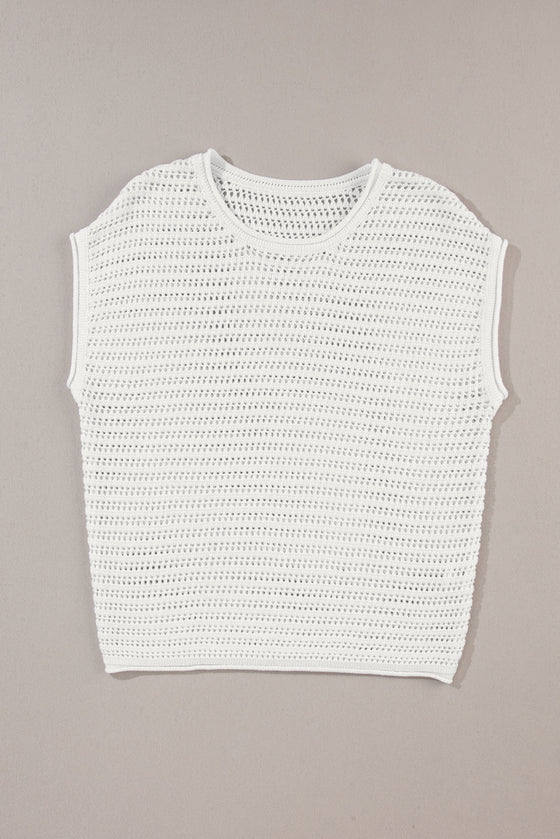 PACK277063-P1-1, White Hollow Out Knit Cap Sleeve Sweater