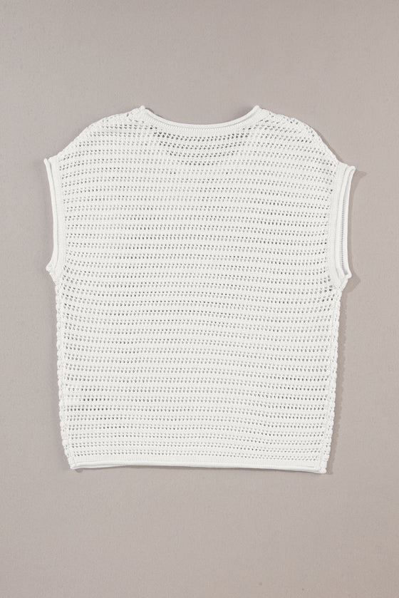PACK277063-P1-1, White Hollow Out Knit Cap Sleeve Sweater