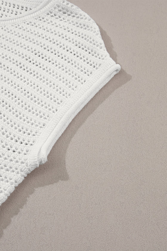 PACK277063-P1-1, White Hollow Out Knit Cap Sleeve Sweater