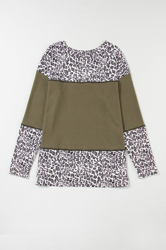 PACK25223364-P609-1, Jungle Green Leopard Print Waffle Knit Patchwork Top