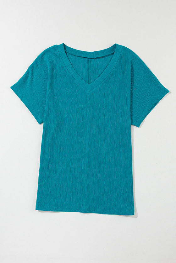 PACK25223652-P805-1, Blue Sapphire Crinkled V Neck Wide Sleeve T-shirt