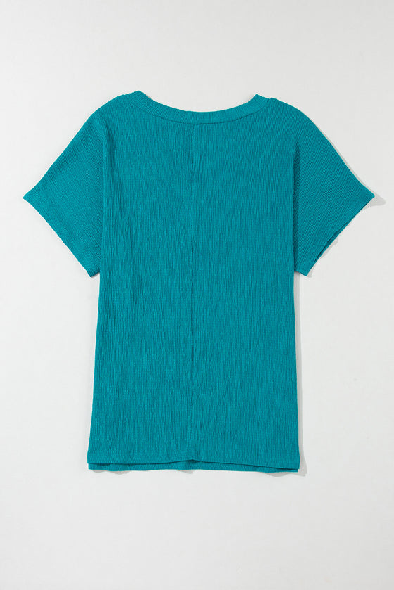 PACK25223652-P805-1, Blue Sapphire Crinkled V Neck Wide Sleeve T-shirt