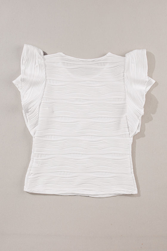 PACK25223503-P1-1, White Wavy Textured Ruffle Sleeve Top