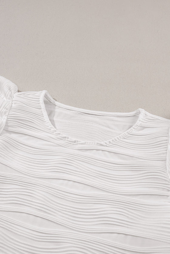 PACK25223503-P1-1, White Wavy Textured Ruffle Sleeve Top